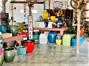 interior of greenhouse with ceramic pots and garden decor on display