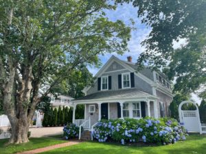 gray house with blue hydrangeas in front
